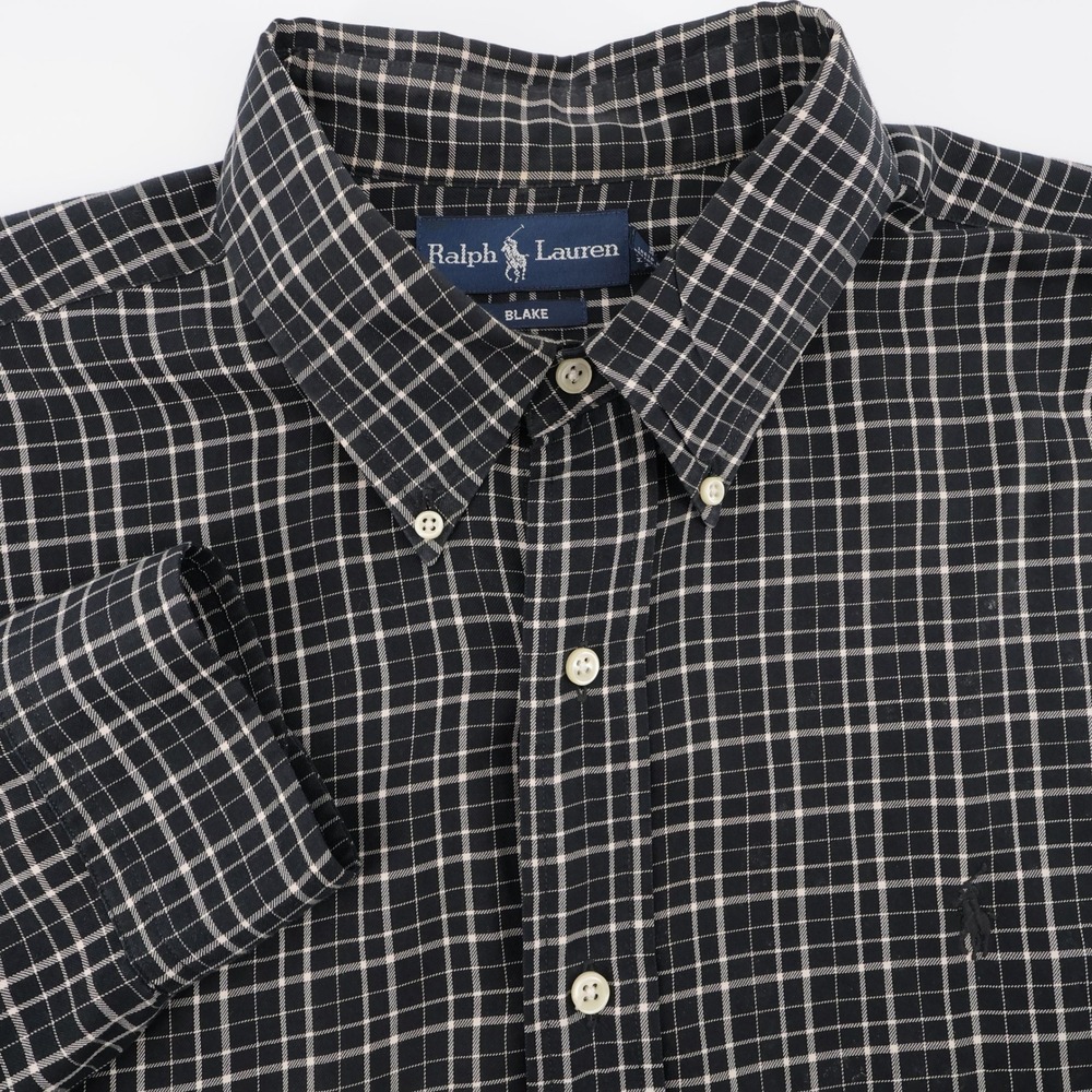 Vintage Polo Ralph Lauren Plaid Button Down Shirt Black Long Sleeve Mens XL